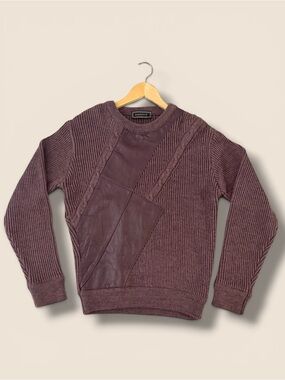 Vintage Saxony Men's Maroon Knit Sweater w/ Leather Panel Detail